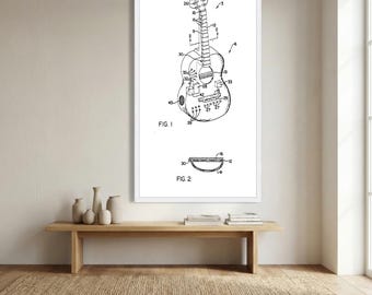 Lienzo decorativo con plano de patente de guitarra acústica vintage, diagrama de instrumento musical, decoración musical retro, decoración para el hogar imprimible