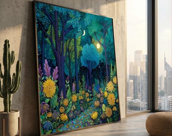Enchanted Night Forest Path Canvas, Floral Meadow Wall Art, Moonlight Garden Painting, Vibrant Nature Canvas, Home Decor Artwork