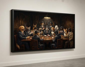 Lienzo con perros jugando al póquer, temática de la mafia, retrato humorístico de animales.