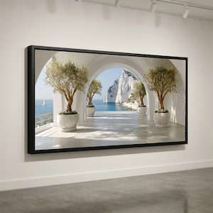 Lienzo con vista a un arco mediterráneo, arte de pared con jardineras de olivos, paisaje de acantilado costero, decoración de lienzo con vista al mar azul, arte de pared elegante para el hogar
