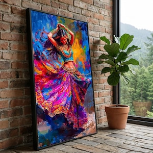 Danza india vibrante, lienzo con falda giratoria colorida, arte mural étnico, pintura de danza tradicional, lienzo decorativo para el hogar