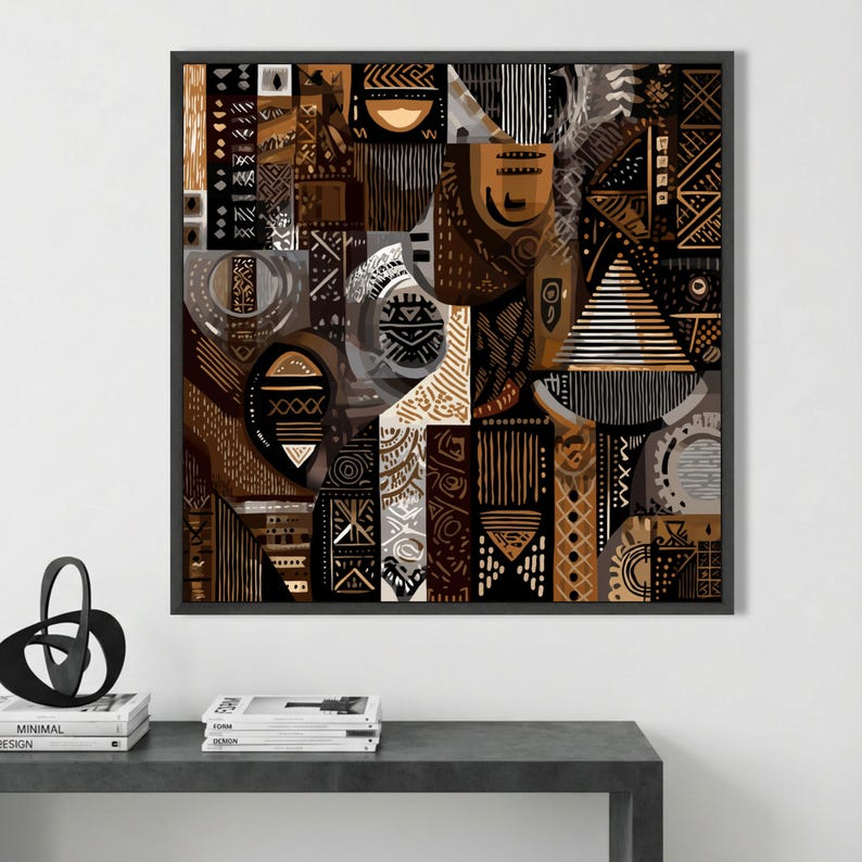 Lienzo con patrones tribales africanos abstractos, arte mural étnico, decoración bohemia para el hogar, lienzo geométrico en tonos marrones, diseño de arte cultural, listo para colgar. imagen 3