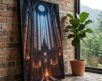 Interior de una majestuosa catedral gótica, lienzo con vidrieras, arte mural de arquitectura religiosa, decoración espiritual para el hogar, iluminado.