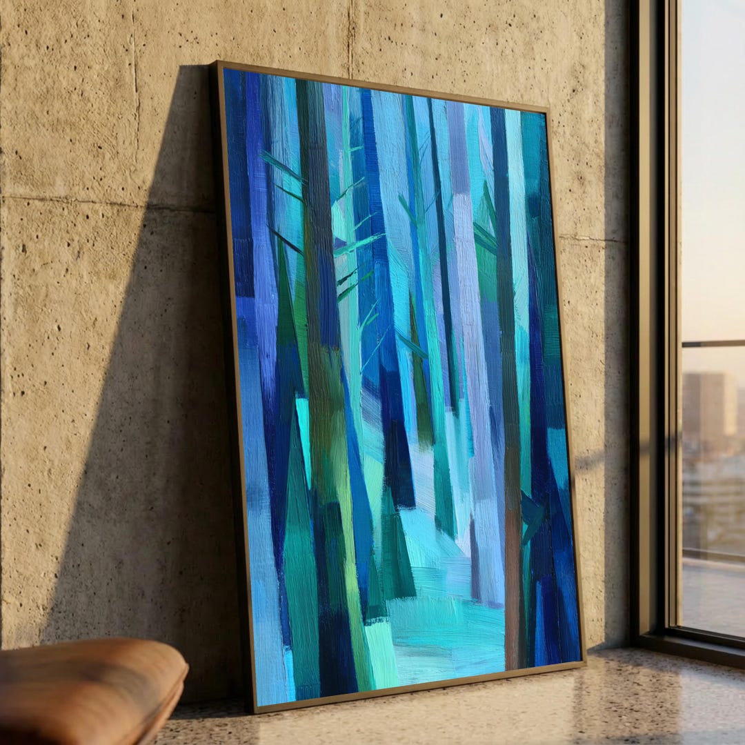 Abstract Blue Forest Canvas Wall Art, Modern Woodland Painting ...