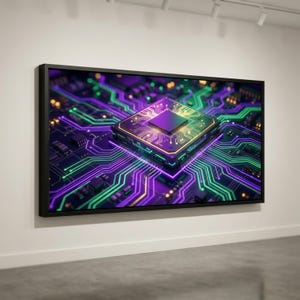 Könnte beinhalten: Ein rechteckiges Wandbild mit einer zentralen Computerprozessoreinheit, umgeben von komplizierten, leuchtenden Leiterbahnen in leuchtendem Neongrün, Violett und Gold, eingefasst in einen schlichten, massiven schwarzen Rahmen.