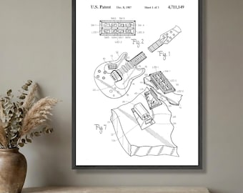 Lienzo decorativo con diseño de patente de guitarra eléctrica vintage, boceto de instrumento musical, dibujo de patente retro, decoración musical, listo para colgar.