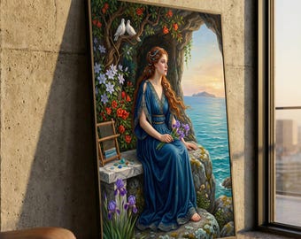 Griechische Nymphe Kalypso im blauen Gewand, Mythologisches Leinwandbild, Romantische Meereslandschaft, Klassische griechische Göttin, Florale Naturdekoration