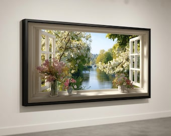 Open Window View Canvas, Spring Blossom Trees, River Landscape Wall Art, Floral Nature Canvas Decor, Garden Scene Ready to Hang