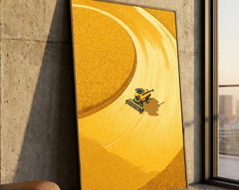 Cosecha de trigo dorado, lienzo con maquinaria agrícola moderna, arte mural de paisaje agrícola, decoración rústica de granja, lienzo listo para colgar