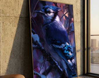 Närbild av blåskrika, väggkonst med vinterfåglar, canvas med natur och djurliv, detaljerat fjädertryck, dekoration med skogsmotiv