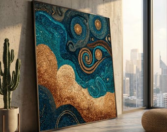 Abstrakt virvlande mosaikduk, blå och guld texturerad väggkonst, modern geometrisk duk, samtida heminredning, redo att hängas upp duk