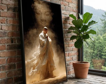 Fridfull munkmeditation, spirituell buddhistisk väggkonst, zenbönepositionskonstverk, lugn heminredning, fredlig mindfulness-tryck