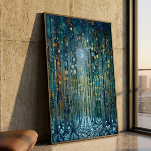 Gustav Klimt Bosque abstracto Lienzo Bosque nocturno Lienzo, Arte abstracto de árboles, Decoración mística de pared de bosque, Arte en lienzo azul, verde y dorado