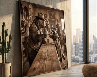 Rustikale alte West-Bar-Szene, Bär und Waschbär Leinwand, Mannhöhle Wandkunst, Vintage Saloon Leinwand, Wohnkultur im westlichen Stil