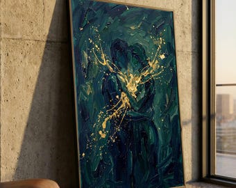 Lienzo abstracto "Amor abrazado", pintura de corazón verde oscuro y dorado, arte mural romántico, lienzo texturizado moderno, decoración emotiva para el hogar.