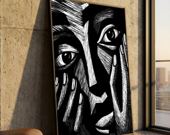 Rostro abstracto en blanco y negro, arte mural expresionista sobre lienzo, retrato minimalista moderno, decoración del hogar con contraste llamativo, impresión artística contemporánea