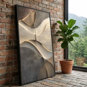 Elegante neutrale abstrakte Druck-Leinwand, 3D-Textur-Wandkunst, modernes minimalistisches Wohnkultur, beige-graue Kurven-Leinwand, fertig zum Aufhängen