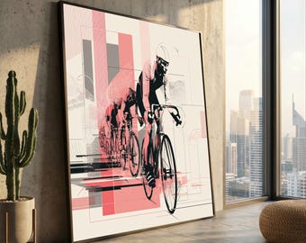 Abstrakte Fahrradrennen Leinwand, abstrakte Fahrradfahrer Wandkunst, Sportaktion Leinwand, moderne athletische Wohnkultur, fertig zum Aufhängen