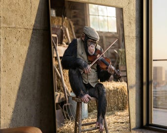 Charmantes Schimpansenbild mit Geige, Vintage-Leinwandbild im Landhausstil, rustikales Tierporträt, musikalische Wildtierdekoration, fertig zum Aufhängen