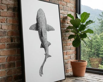 Cuadro monocromático de tiburón ballena en lienzo, decoración minimalista de vida marina para pared, ilustración de animales marinos en blanco y negro, impresión en lienzo de estilo costero.