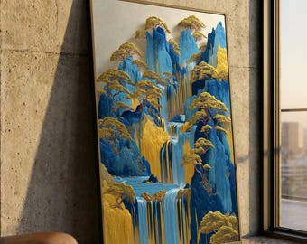 Tela com paisagem de cachoeira majestosa, arte de parede com montanha azul e dourada, cena natural texturizada, decoração moderna para casa em estilo asiático, pronta para pendurar.