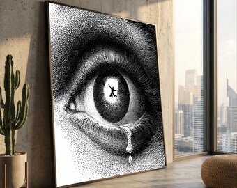Lienzo con ilustración surrealista de un ojo, arte en blanco y negro, detalle de lágrima, decoración moderna de pared, lienzo de expresión emocional, hogar único