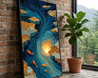 Tela com lagoa mística de carpas koi, arte abstrata com redemoinhos de água, decoração de parede azul e dourada, tela com tema da natureza zen, decoração tranquila para casa.