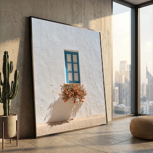Rustic Blue Window Canvas, Mediterranean Wall Art, White Stucco Texture, Flower Pot Decoration, Sunny Outdoor Scene, Home Decor Canvas