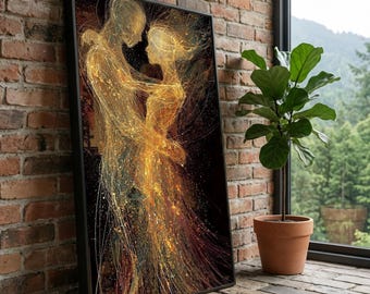 Abstraktes Paar Umarmung Leinwand, Goldene Licht Figur Kunst, Romantische Wanddekoration, Moderne Liebe Illustration, Elegante Abstrakte Leinwandkunst