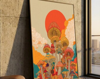 Lebendige psychedelische Pilze Leinwand, abstrakte Pilzwald Wandkunst, bunte Natur Illustration, Boho Wohnkultur, fertig zum Aufhängen