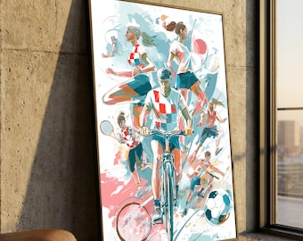 Dynamische Sportaktion Leinwand Wandkunst, athletische Radsport- und Tennis-Illustration, energiegeladene Fitness-Thema Wohnkultur, lebendige Sportaktivität
