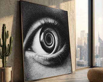 Lienzo con ojo en espiral hipnótico, arte mural surrealista en blanco y negro, diseño de ilusión óptica, decoración abstracta moderna sobre lienzo.
