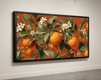 Lienzo de frutas cítricas naranjas, arte mural botánico, lienzo de flor de naranjo, decoración rústica de cocina, lienzo de árbol frutal, arte mural inspirado en la naturaleza