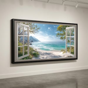 Vista su tela con finestra aperta, quadro con scena di spiaggia tropicale, tela con onde dell'oceano, dipinto di paesaggio costiero, decorazione ispirata alla natura