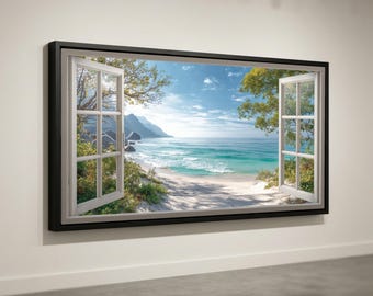 Lienzo con vista de ventana abierta, arte mural con escena de playa tropical, lienzo con olas del océano, pintura de paisaje costero, decoración inspirada en la naturaleza