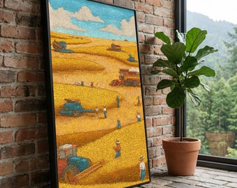 Cuadro decorativo de pared con temática de cosecha, escena rural vintage, paisaje de campo de trigo, ilustración de la vida rural, lienzo con maquinaria agrícola, decoración del hogar.
