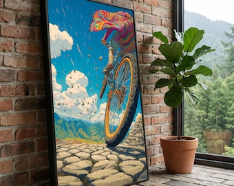 Lebendige Fahrrad-Sprung-Leinwand, Bergabenteuer Wandkunst, Buntes Radfahren im Freien, dynamische Sportleinwand, Wohnkultur