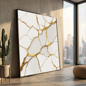 Kintsugi Gold Crack Canvas Wall Art, Japanese Broken Pottery Repair, Elegant Abstract Texture, Modern Minimalist Home Decoration