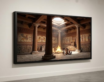 Leinwandbild mit mykenischem Megaron-Interieur, antikes griechisches Palastdesign, historischer Architekturdruck, klassische minoische Freskendekoration