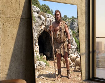 Polyphem der Zyklop – Mythologie-Leinwandbild, Wanddekoration mit Motiven aus der antiken griechischen Legende, rustikale Höhlen- und Schafszene, Leinwanddruck einer mythischen Figur
