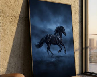 Lienzo con la imagen de un majestuoso semental negro, arte mural de un caballo al galope, paisaje oscuro y melancólico, decoración ecuestre para el hogar, lienzo listo para colgar.