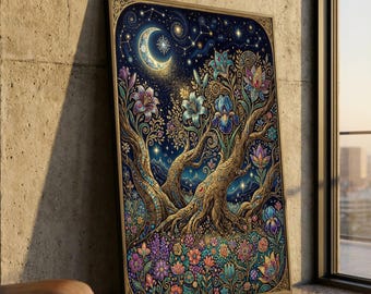 Lienzo Jardín Nocturno Místico, Arte de Pared Luna Creciente y Estrellas, Diseño de Árbol Floral Fantástico, Lienzo Botánico Mágico, Decoración del Hogar