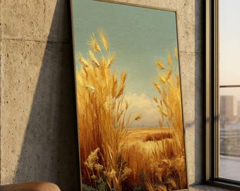 Lienzo de campo de trigo dorado, arte mural de paisaje rural rústico, escena otoñal cálida, decoración campestre en lienzo, listo para colgar.