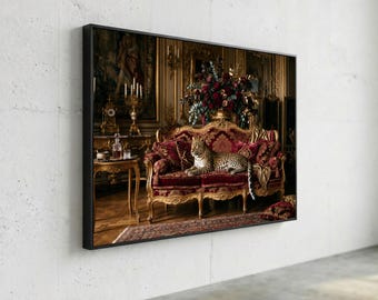 Leopardo real sobre lienzo de sofá de terciopelo rojo vintage, arte mural de lujo para interiores, estilo barroco clásico, impresión en lienzo para decoración del hogar, elegante