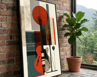 May include: A framed vertical wall art print featuring a stylized graphic illustration of an electric guitar and a microphone stand. The composition uses geometric shapes, vertical lines, and a color palette of red, black, and cream tones.