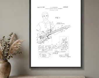 Lienzo con plano de patente de guitarra eléctrica vintage de 1963, arte mural de instrumentos musicales, decoración de dibujo técnico, lienzo retro para sala de música.