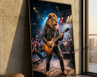 Rockender Löwe als Gitarrist – Leinwandbild, Tier-Musiker-Print, einzigartige Rockband-Deko, trendige Wanddekoration, Geschenk für Musikliebhaber