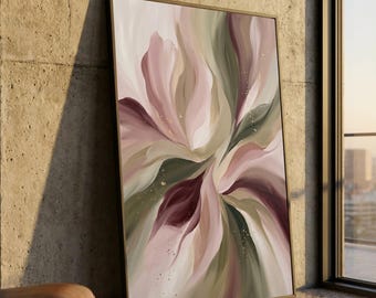 Lienzo abstracto floral suave, arte de pared en rosa rubor y verde oliva, lienzo botánico moderno, decoración elegante para el hogar, pintura lista para colgar.
