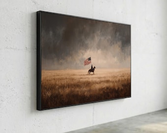 Einsamer Reiter mit amerikanischer Flagge auf Leinwand, Western-Cowboy-Wandbild, patriotische Reiterszene, Wüstenlandschaft auf Leinwand, rustikale Heimdekoration