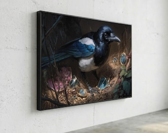 Majestätisk blå skata, väggkonst med skattsamling, fågelmålning, konstverk av natur och djurliv, detaljerad djurillustration, heminredning